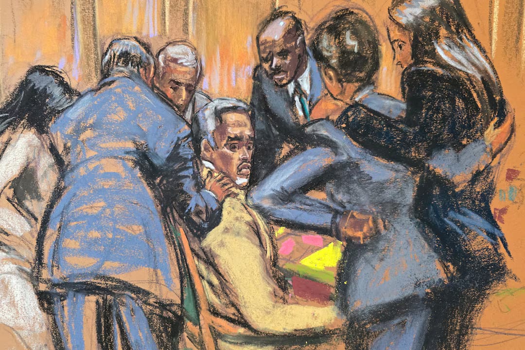 Ilustrasi Diddy bersama tim kuasa hukumnya setelah mendengar putusan juri. Foto: Dok. Reuters