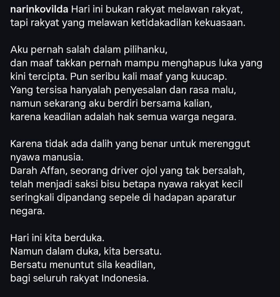 Unggahan maaf Awkarin (Foto: Instagram/narinkovilda)