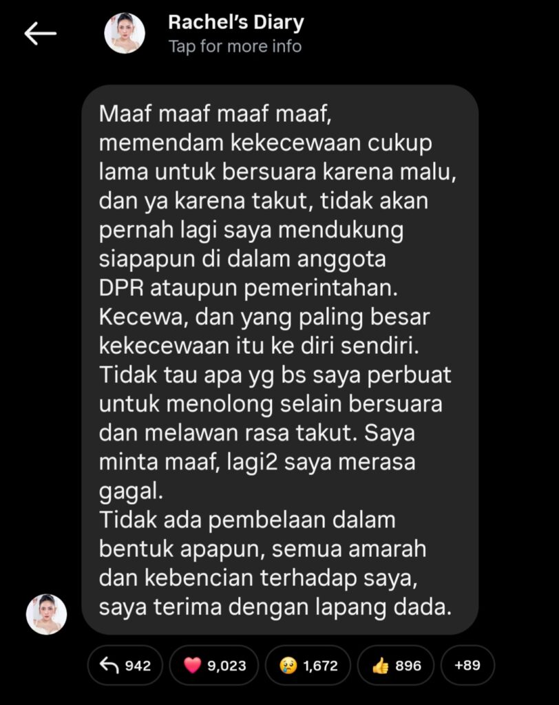 Unggahan maaf Rachel (Foto: Instagram/rachelvennya)
