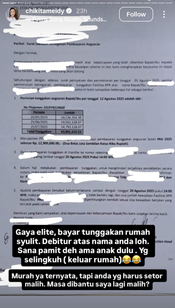 Bukti KPR yang menunggak (Foto: Instagram/chikitameidy)