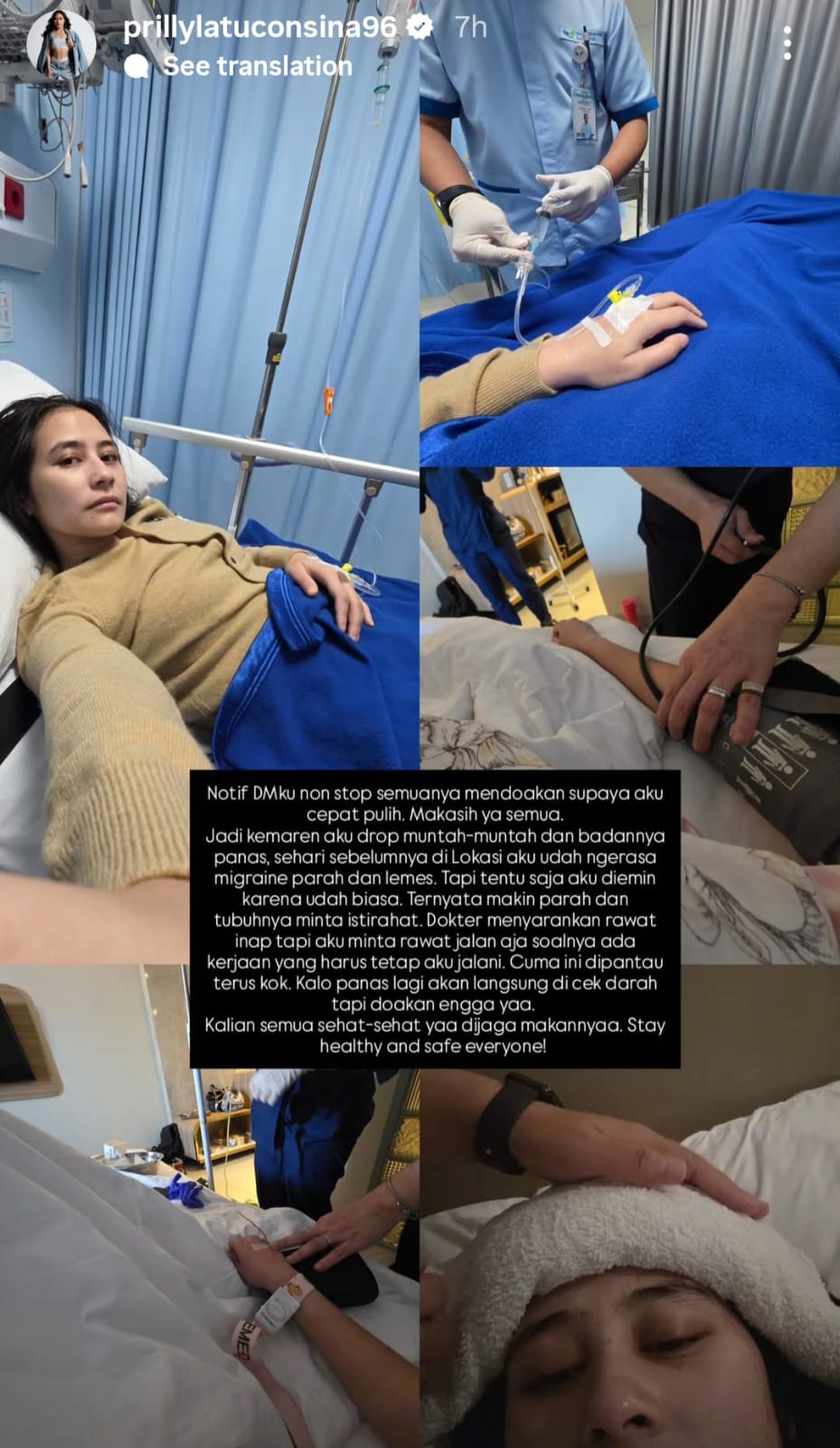 Story Prilly yang memperlihatkannya diinfus dan dikompres. Foto: Dok. Instagram @prillylatuconsina96