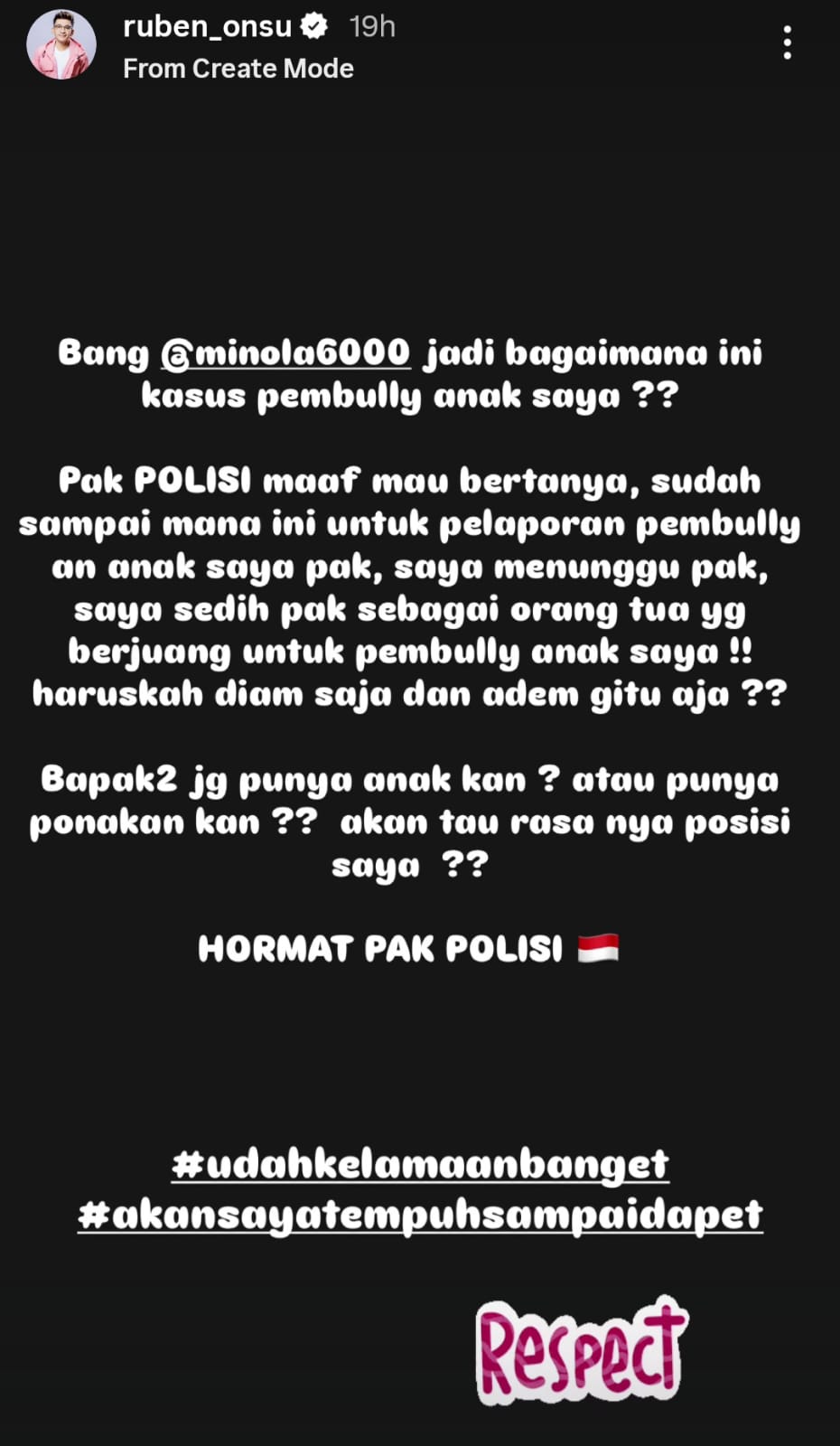 IG Story Ruben soal laporan bullying terhadap anaknya. Foto: Dok. Instagram @ruben_onsu