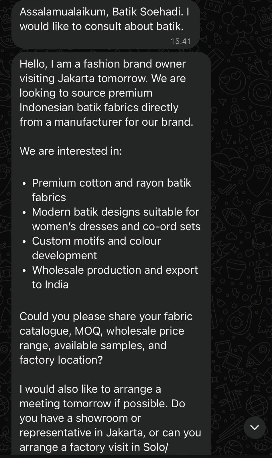 Bukti percakapan konsultasi pengadaan kain batik dari brand fashion internasional tujuan India