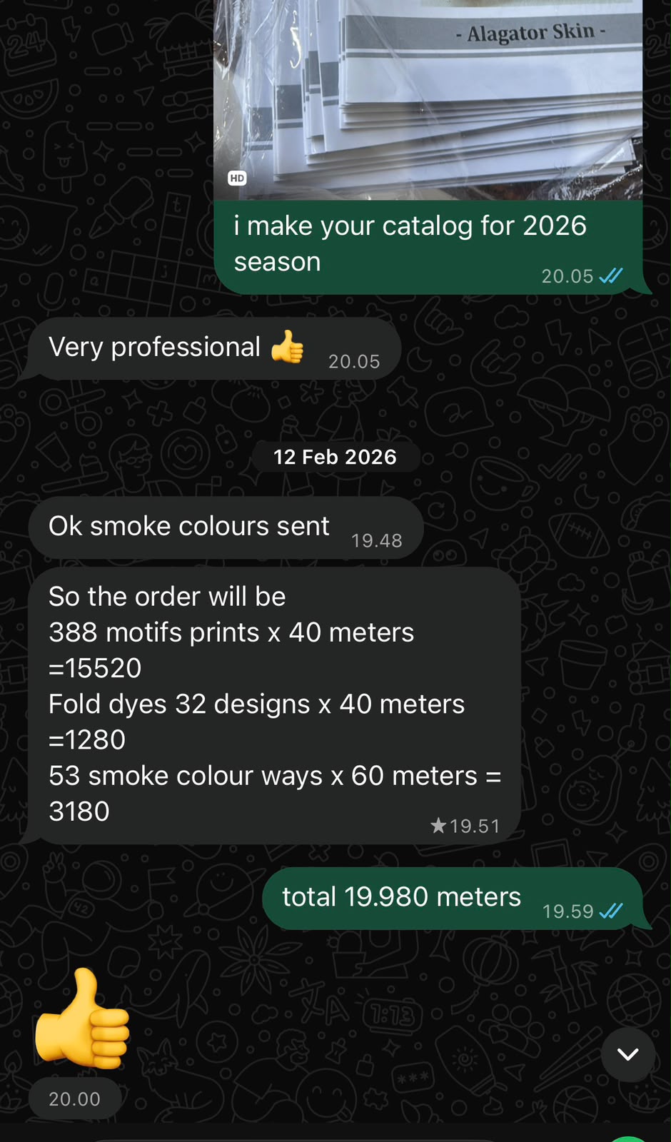 Bukti percakapan pesanan partai besar 19.980 meter kain batik beragam motif dan warna