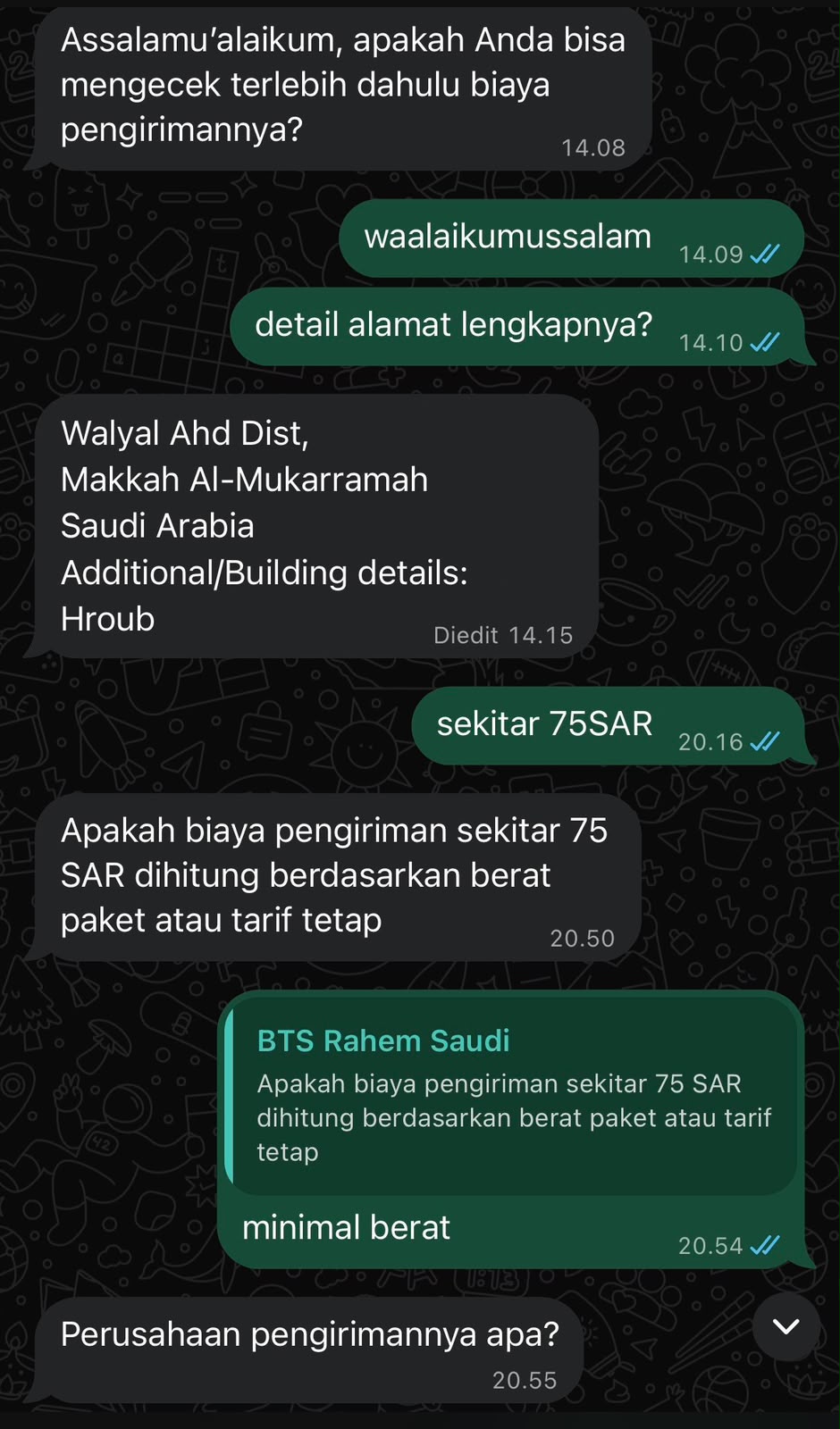 Bukti percakapan pengiriman kargo kain batik ke Makkah Arab Saudi