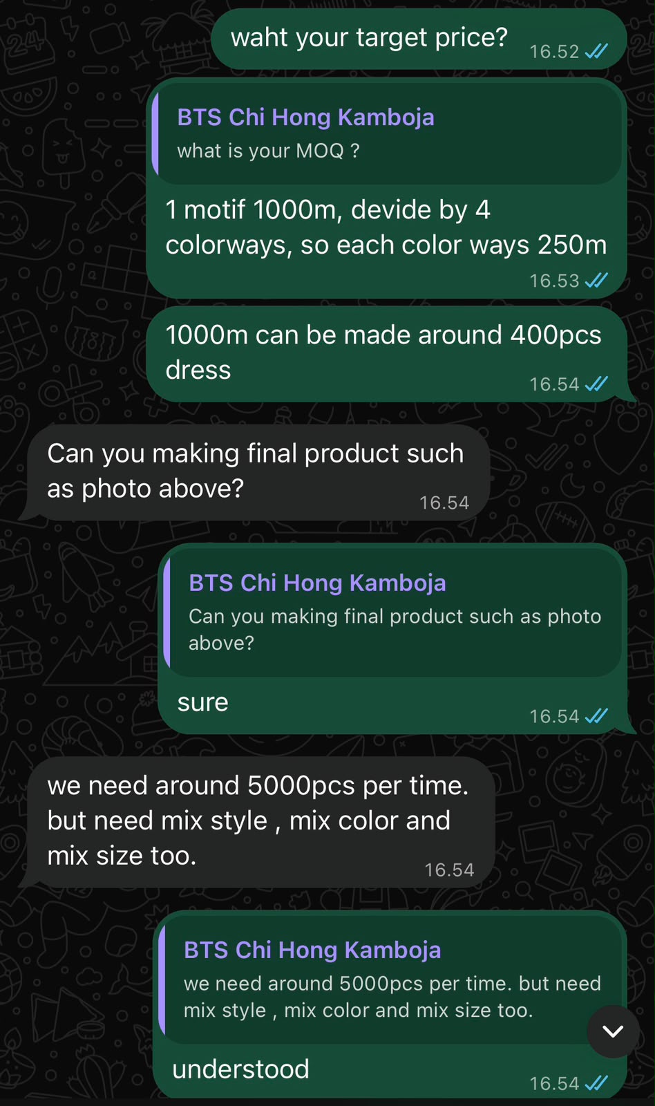Bukti percakapan pemesanan produksi konveksi 5.000 pcs busana batik ke Kamboja