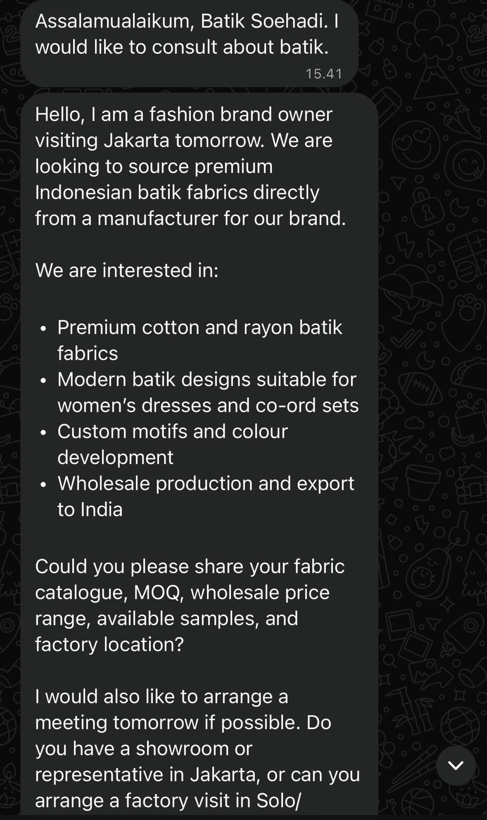 Bukti percakapan WhatsApp konsultasi pengadaan kain batik dari brand fashion internasional tujuan India