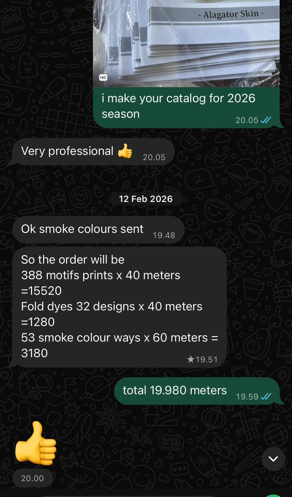 Bukti percakapan WhatsApp pesanan partai besar 19.980 meter kain batik beragam motif dan warna