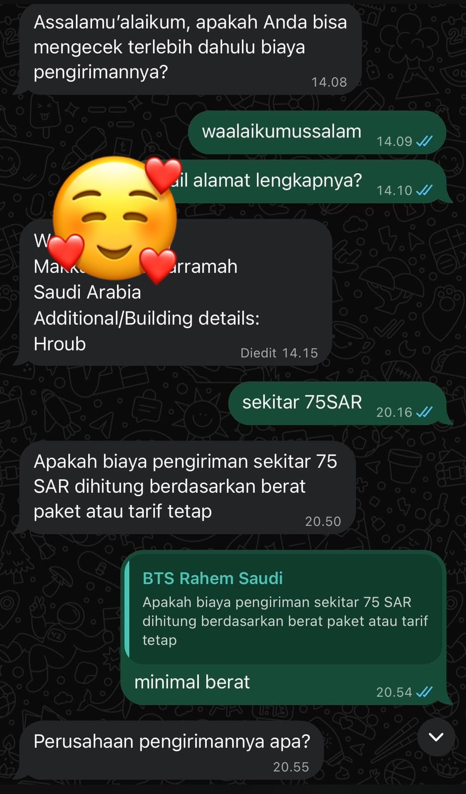 Bukti percakapan WhatsApp pengiriman kargo kain batik ke Makkah Arab Saudi