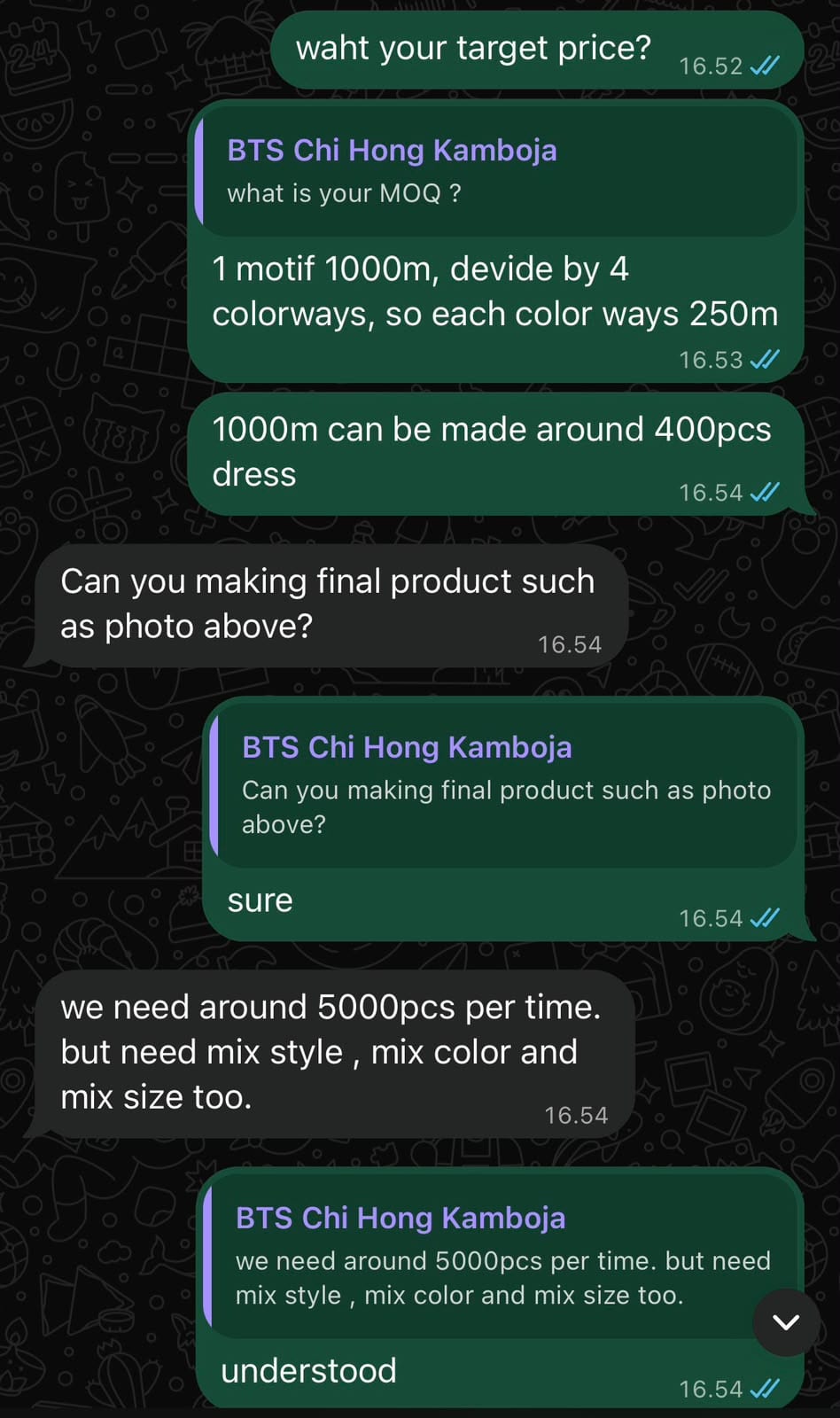 Bukti percakapan WhatsApp pemesanan produksi konveksi 5.000 pcs busana batik ke Kamboja