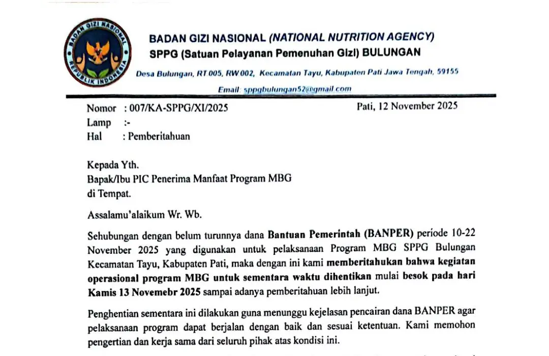 Dana Pemerintah Mandek! SPPG Bulungan Tayu Hentikan Program Makan Bergizi