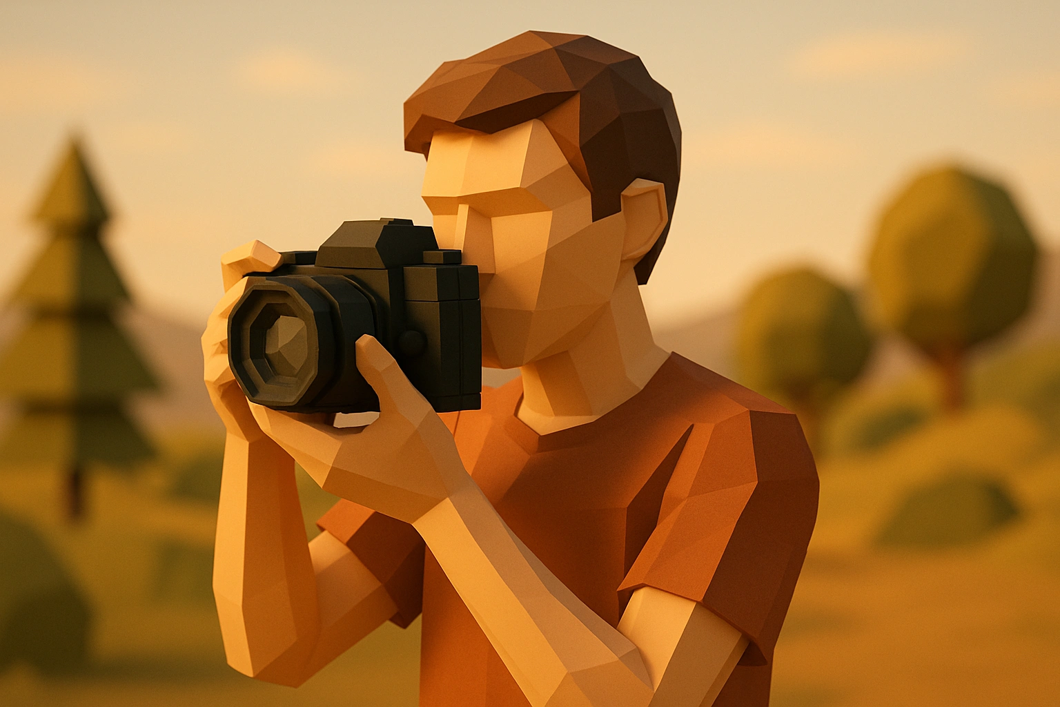 a
            3D low-poly person holding a camera outdoors