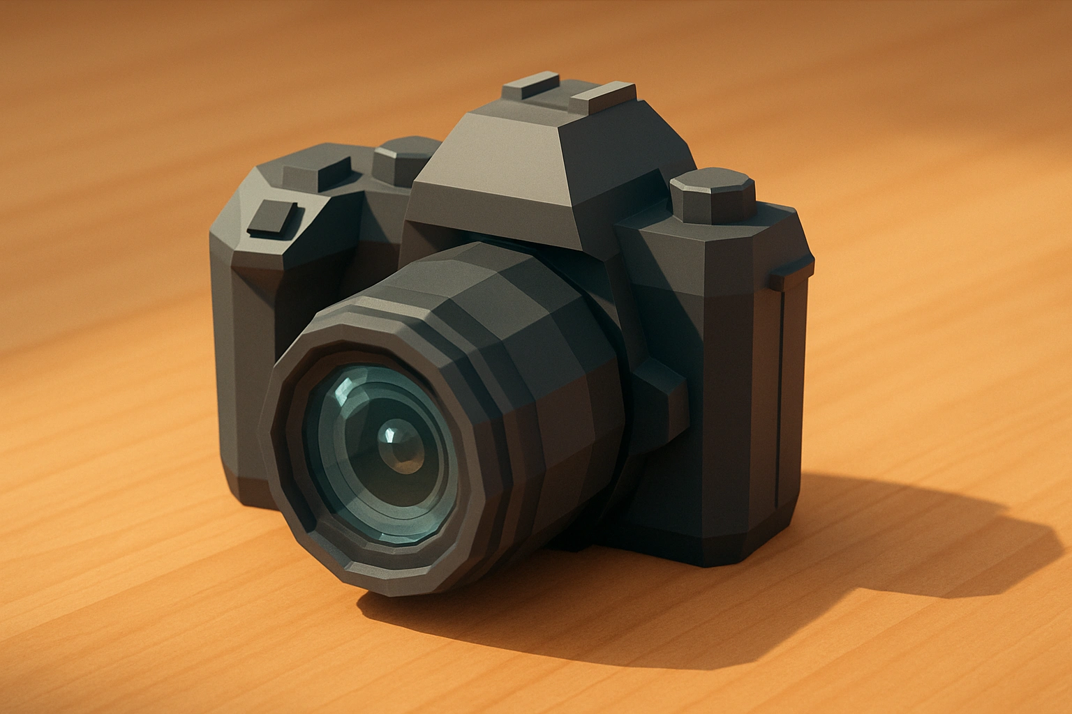a
            3D low-poly camera on a wood table