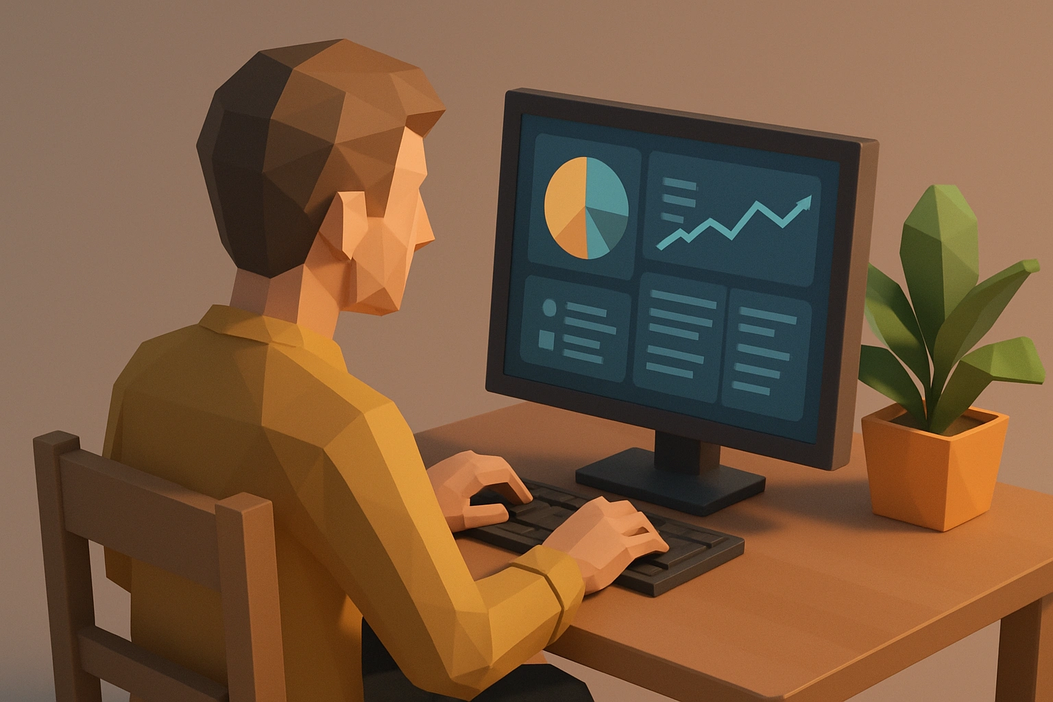 a
            3D low-poly contributor at a computer, dashboard on screen