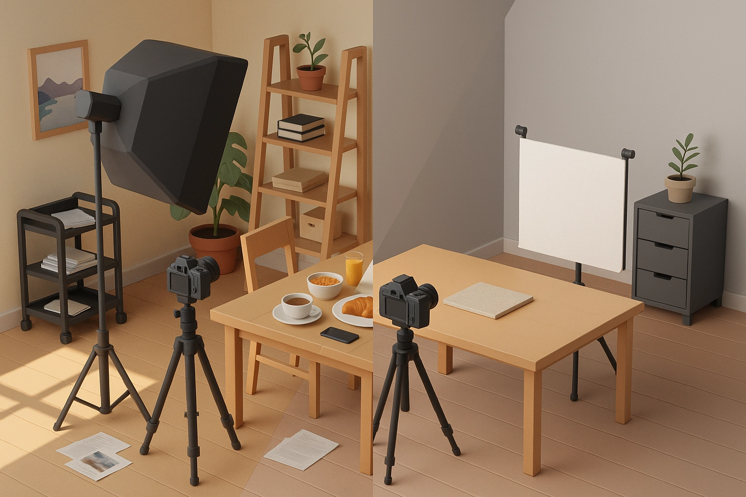 3D low-poly before-and-after comparison scene showing transformation