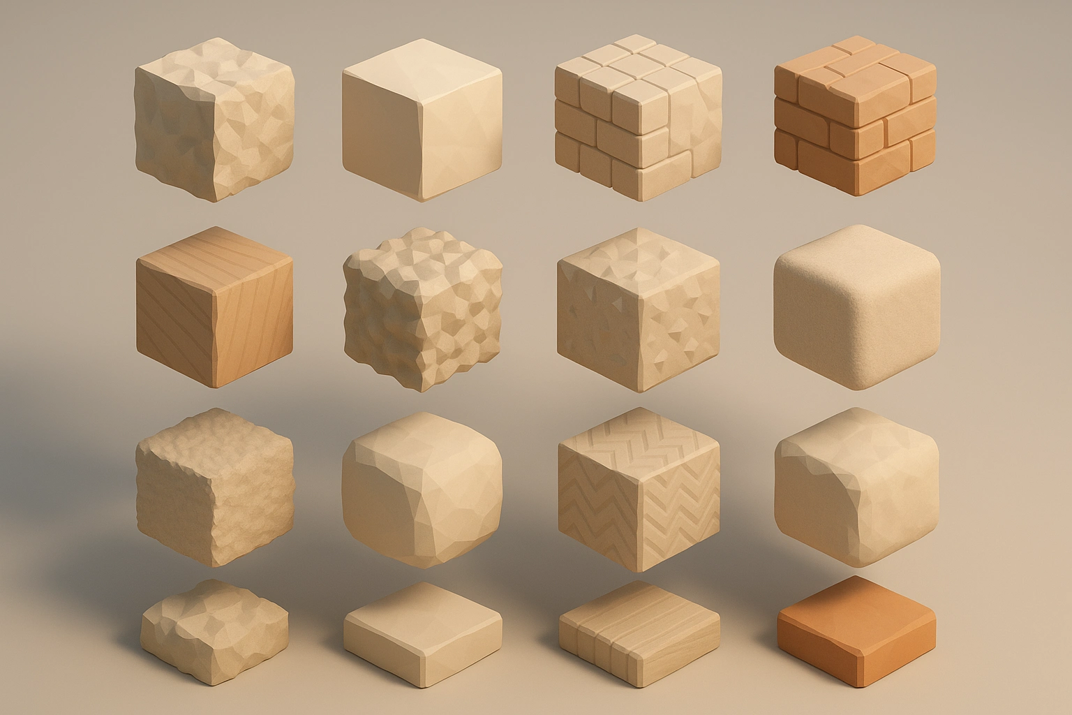 3D low-poly texture collection display showing organized material samples floating in space