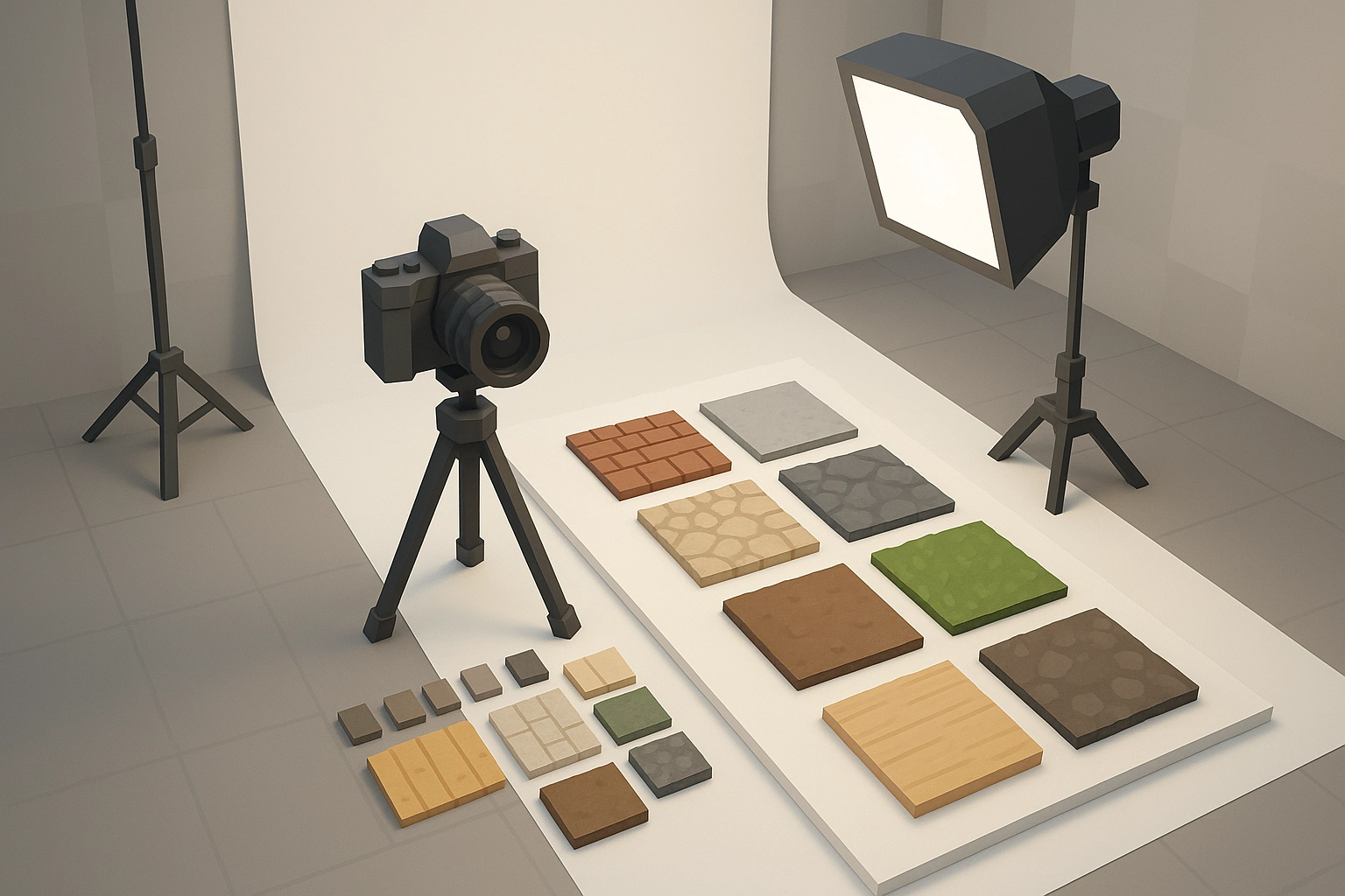 3D low-poly camera setup scene showing systematic texture photography workflow