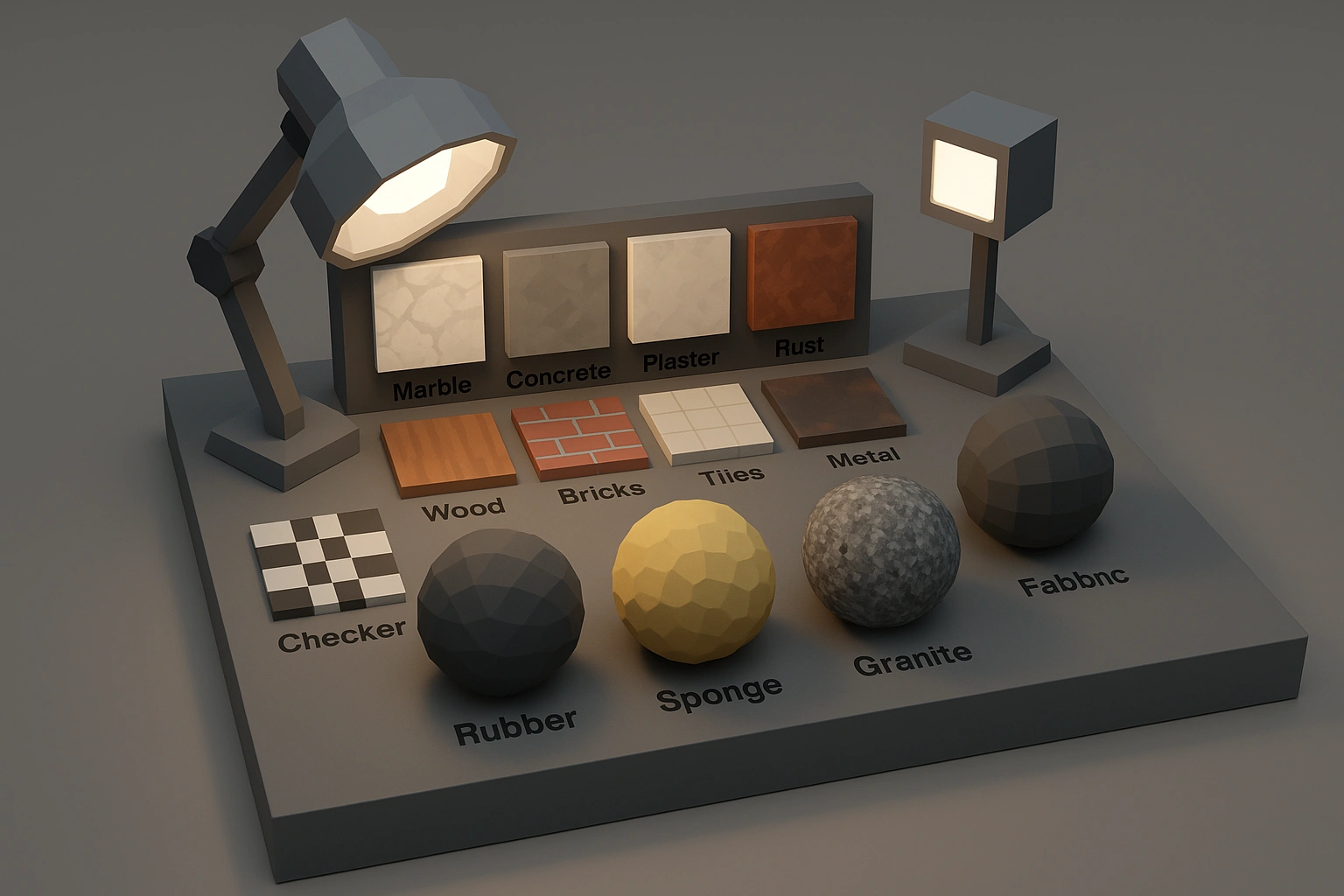 3D low-poly texture sampling station with various material swatches