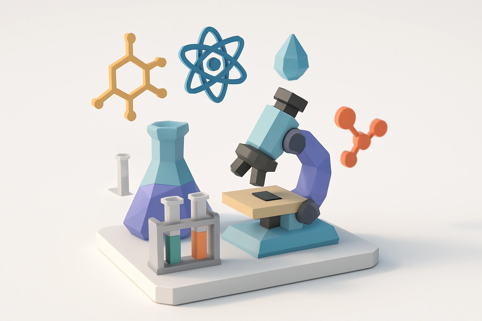3D low-poly icon design laboratory with floating vector symbols