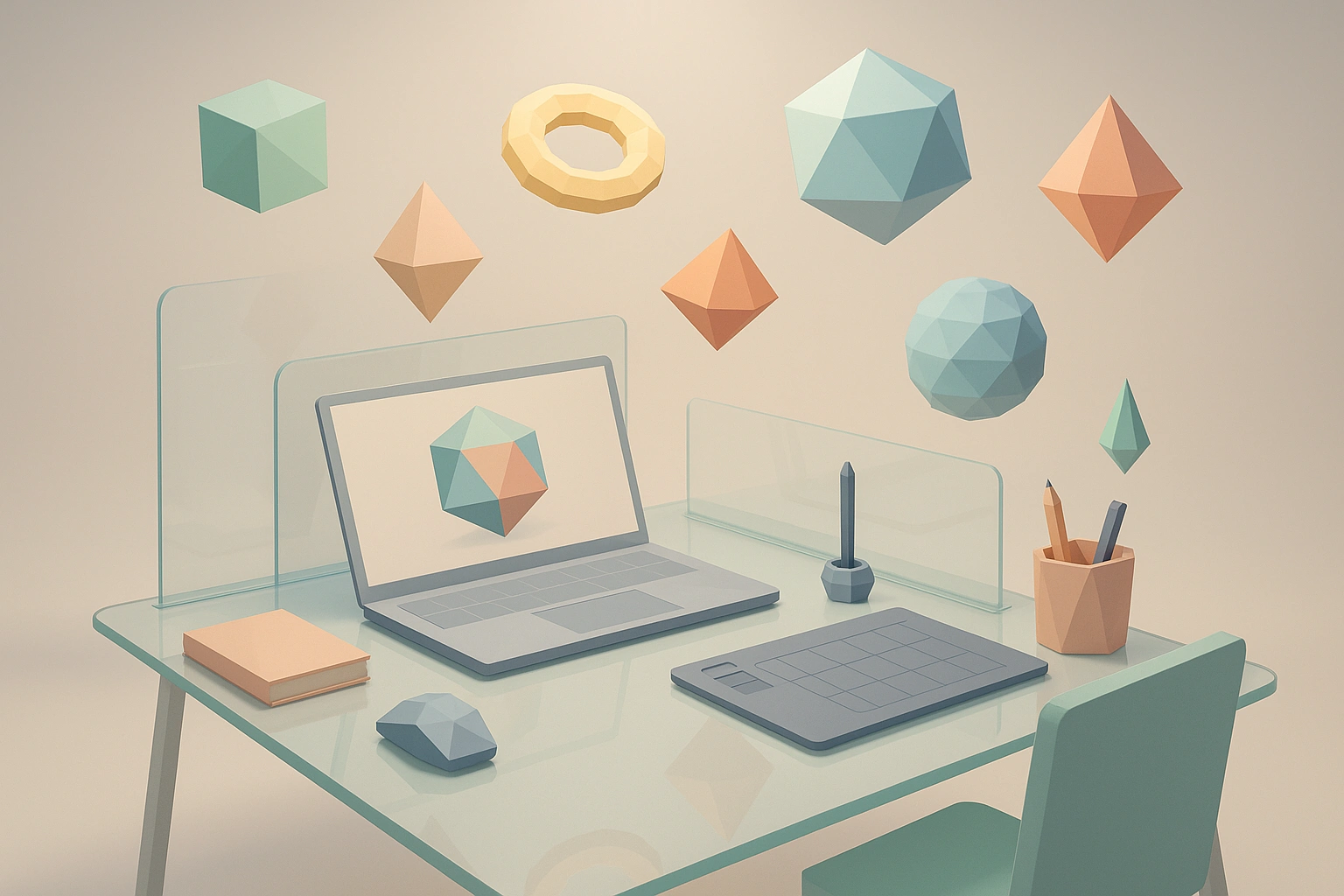 3D low-poly vector design workspace with floating geometric shapes