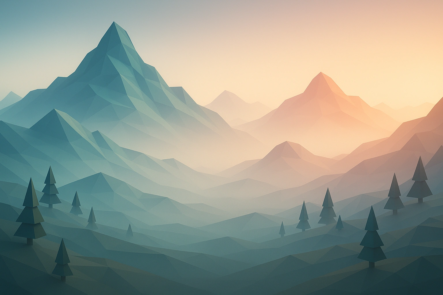 3D low-poly landscape scene with layered
                    atmospheric effects