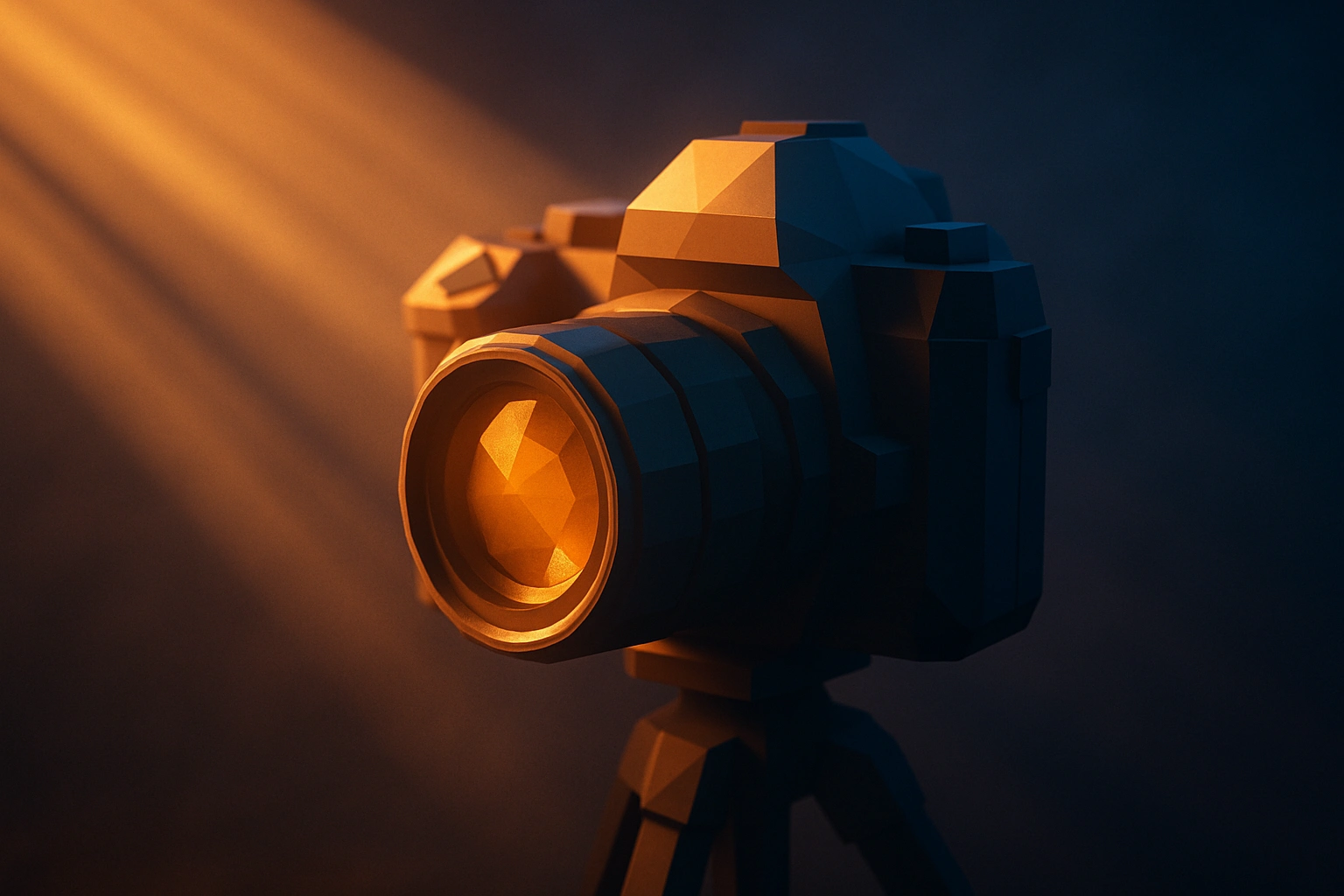 3D low-poly camera setup with dramatic
                    lighting effects
