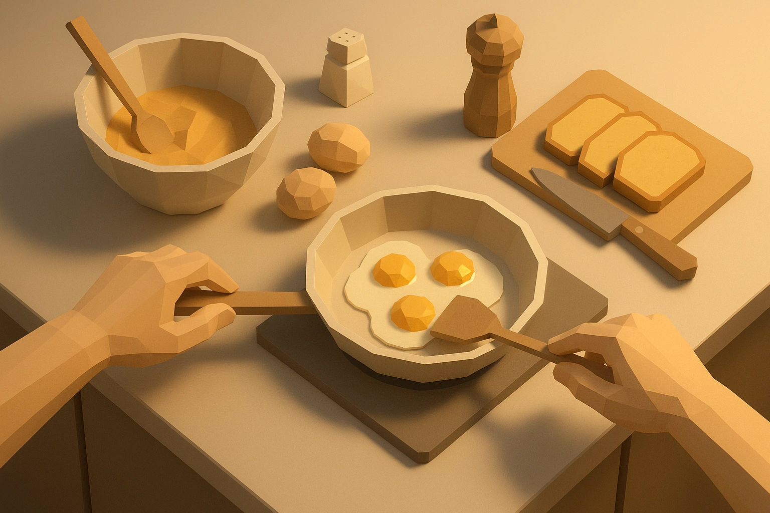 3D low-poly cooking scene with geometric hands manipulating simplified kitchen tools