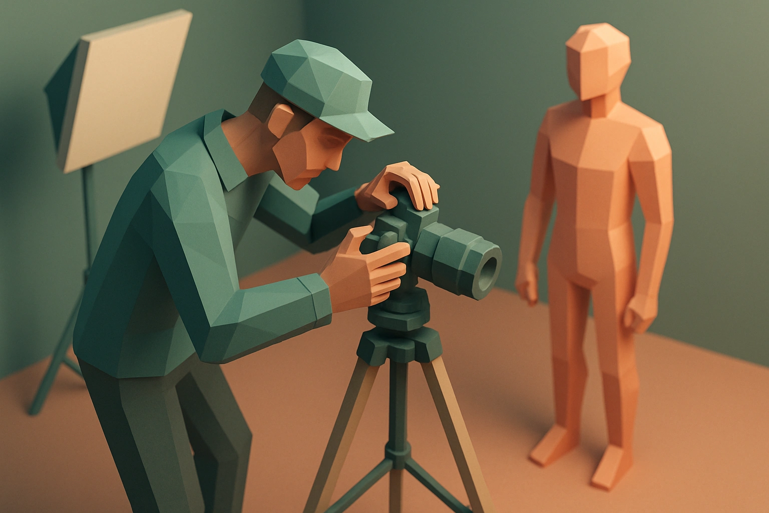 3D low-poly photographer adjusting camera angle downward
