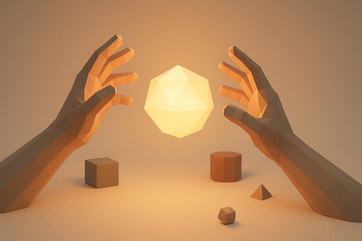 3D low-poly hands reaching toward geometric light source