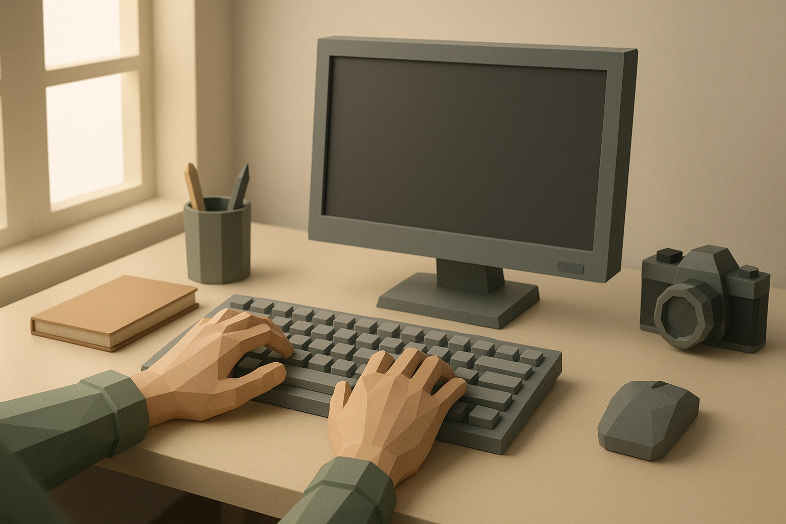 3D low-poly office environment with geometric hands typing on simplified keyboard