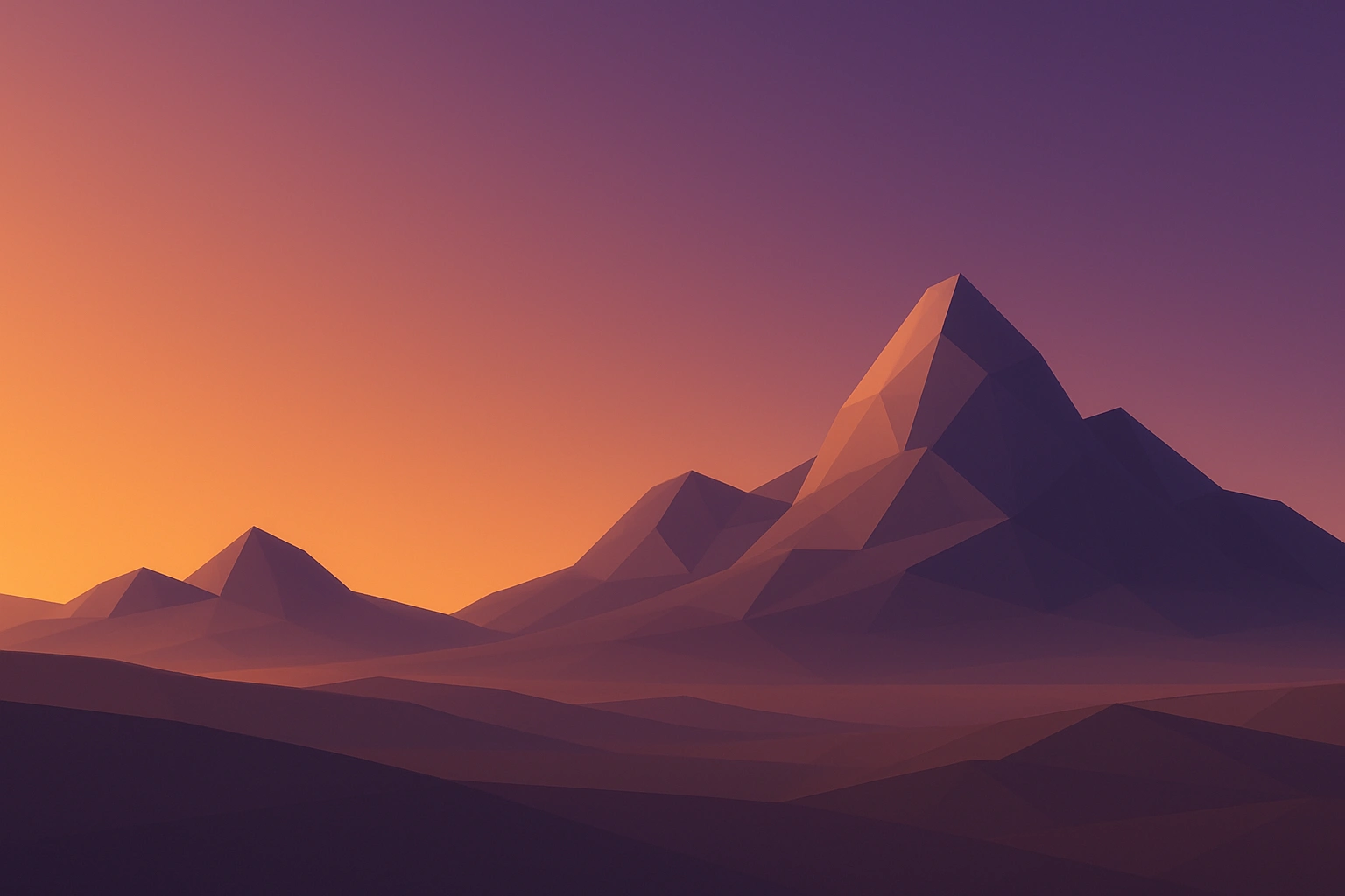 3D low-poly minimalist landscape scene featuring clean horizon line with gradient sky transitioning from
            warm orange to deep purple