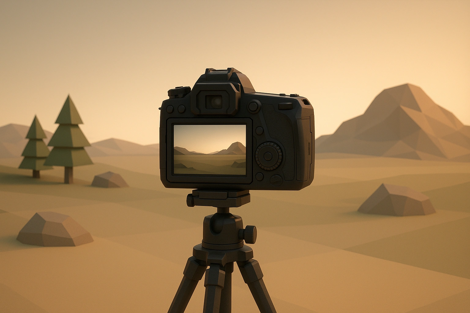 3D low-poly photography setup showing camera positioned for vertical landscape composition