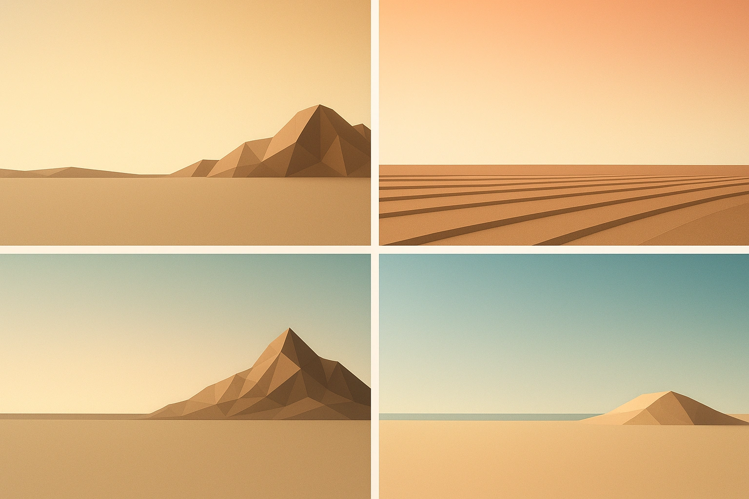 3D low-poly scene depicting four landscape photography concepts arranged in grid format