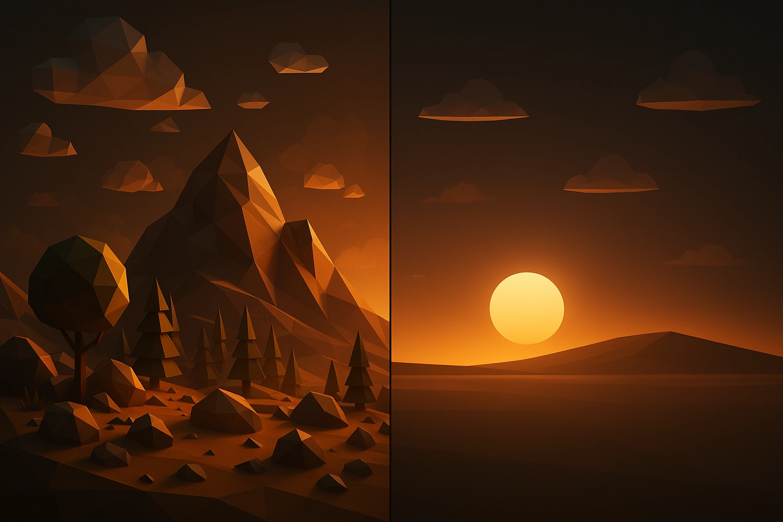 3D low-poly comparison showing wrong versus right landscape approaches