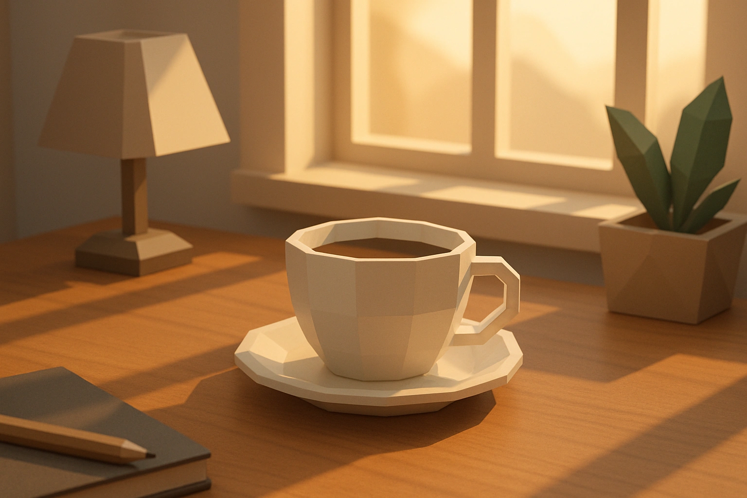 3D low-poly scene showing a perfectly arranged coffee cup on a clean desk