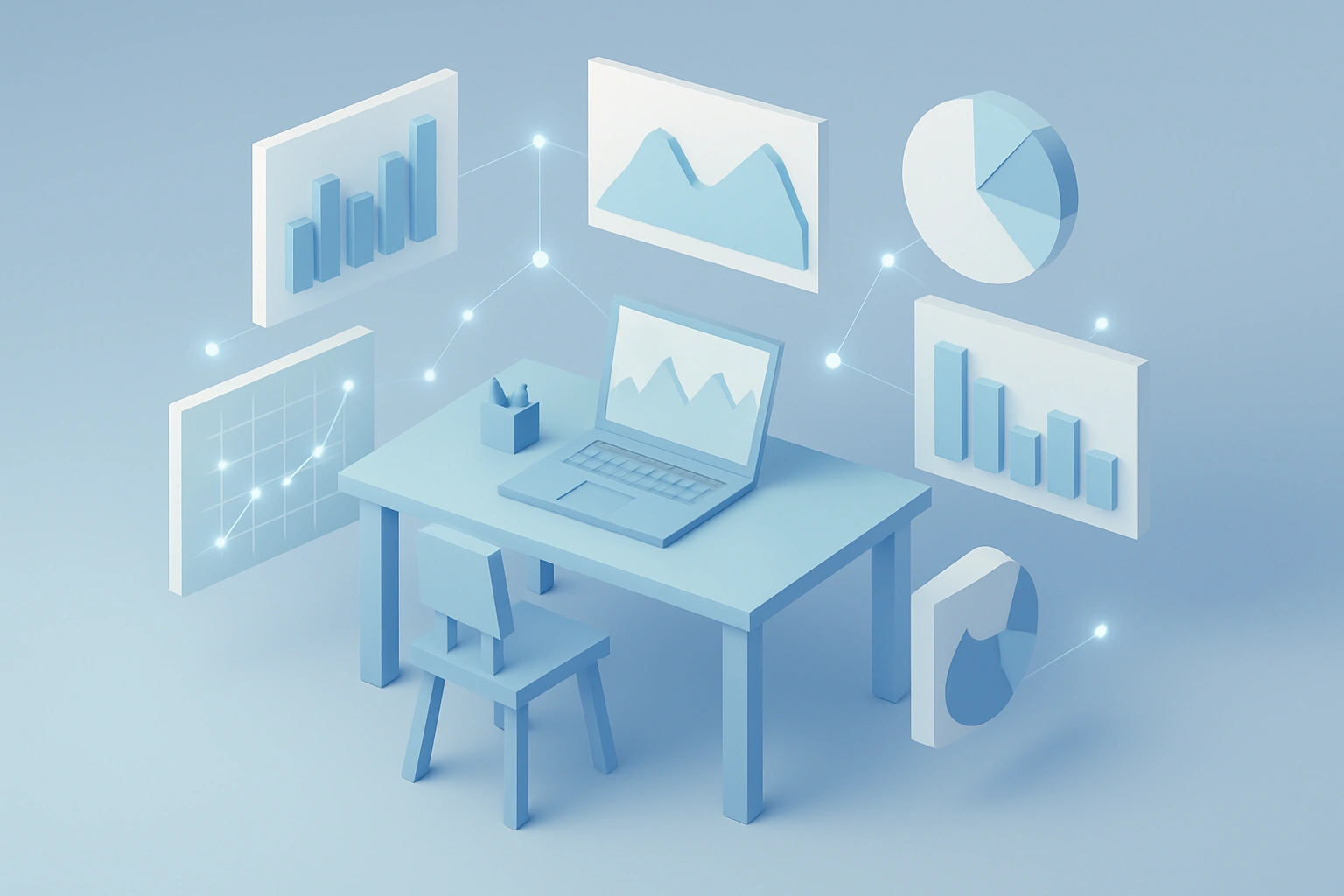 3D low-poly analytical workspace with floating data visualization elements