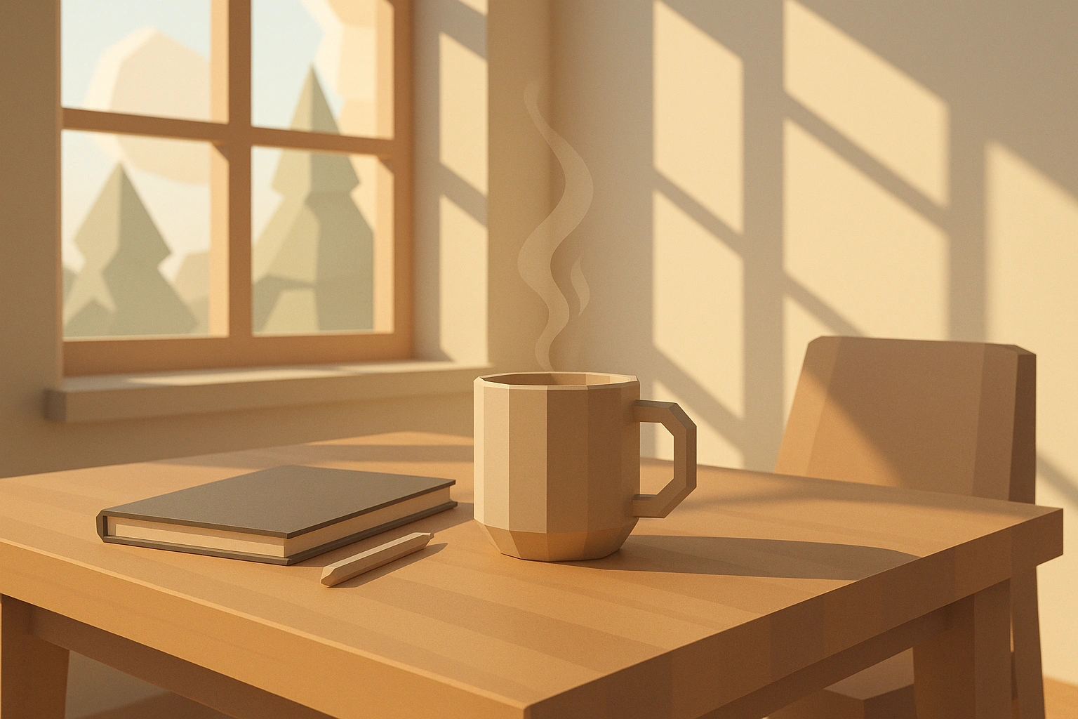 3D low-poly lifestyle scene showing an idealized morning routine with perfectly placed coffee cup