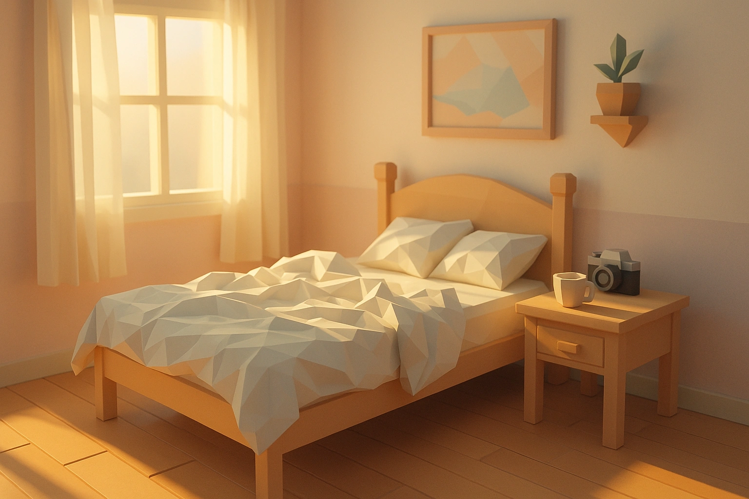 3D low-poly bedroom scene with rumpled white bedding