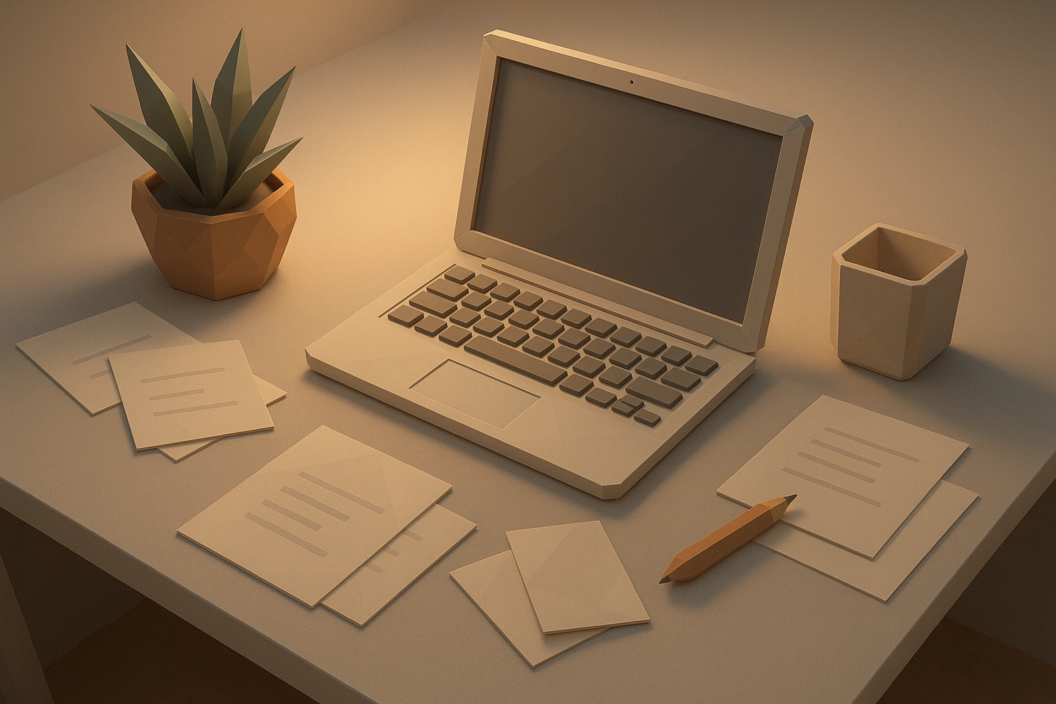 3D low-poly workspace with laptop