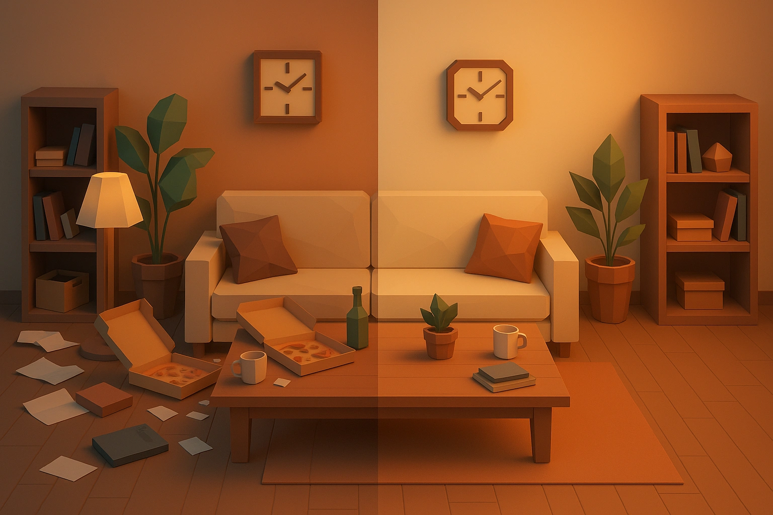 3D low-poly split-screen comparison showing cluttered real-life scene on left transitioning to curated
            lifestyle scene on right