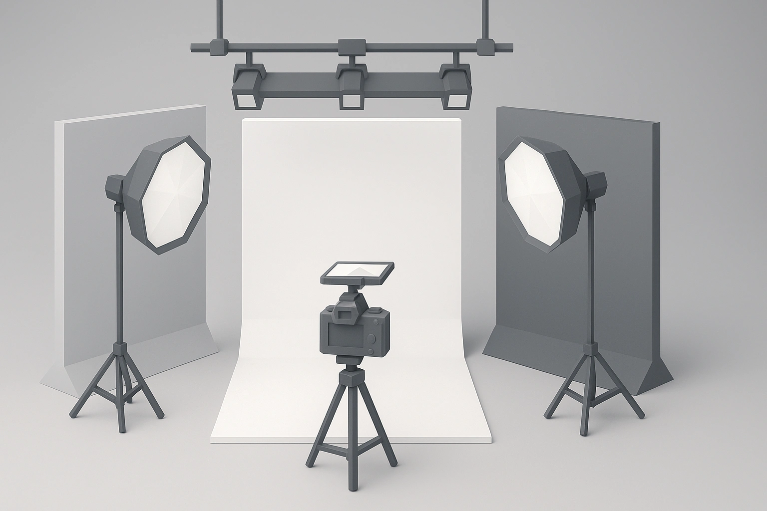 3D low-poly photo studio setup with
                        multiple backdrop panels showing consistent color themes