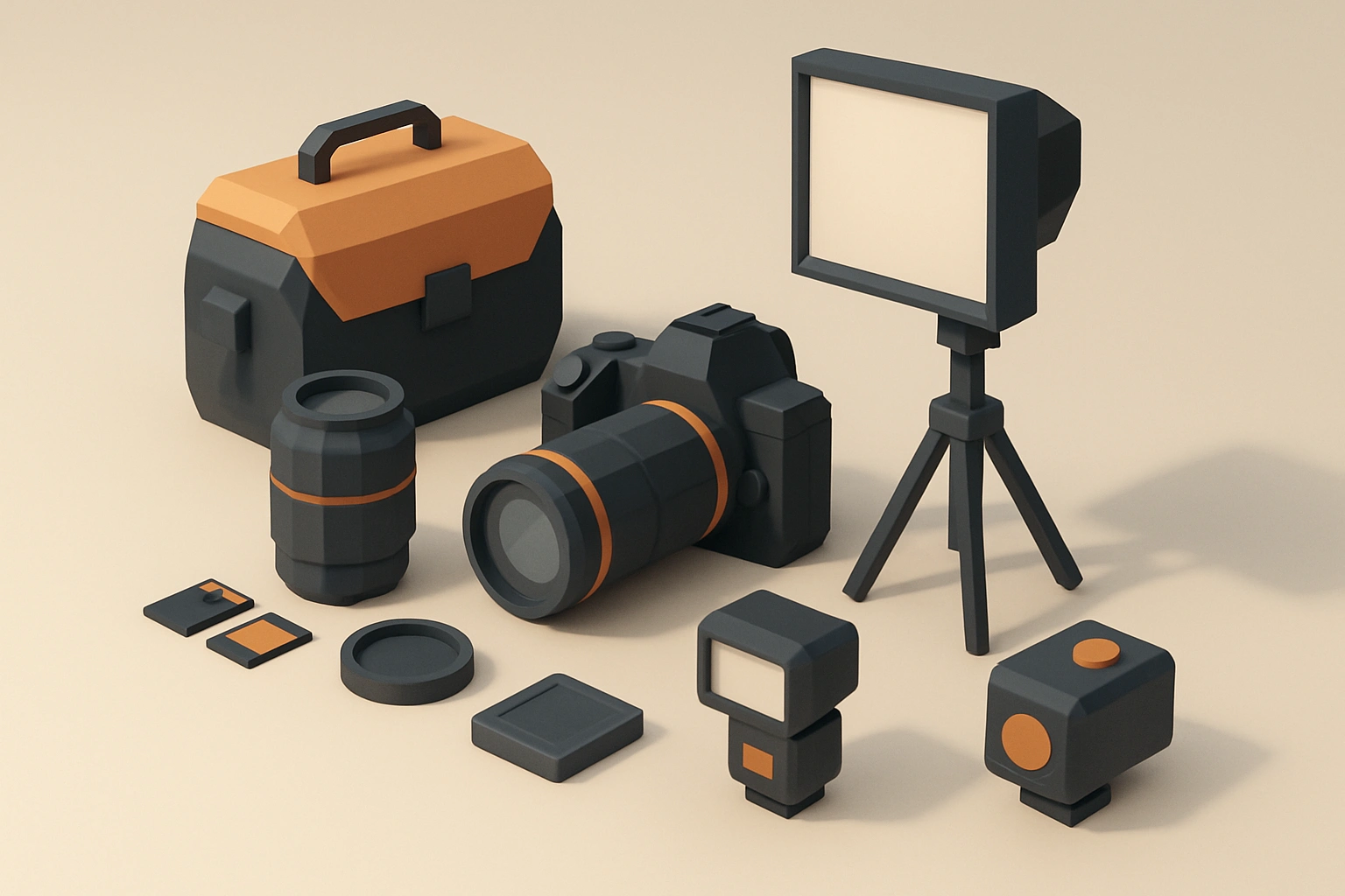 3D low-poly representation of organized
                        photo equipment with matching color schemes