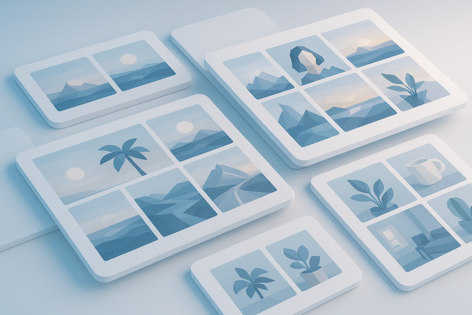3D low-poly overview of multiple photo
                        sets organized on a digital interface