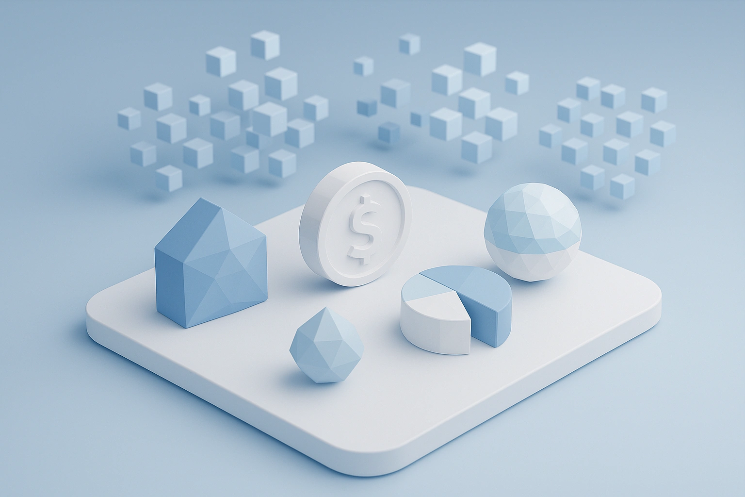 3D low-poly data visualization scene
                        showing floating geometric shapes
