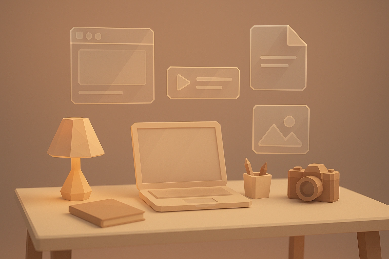 3D low-poly workspace scene showing
                        transparent design elements floating above
