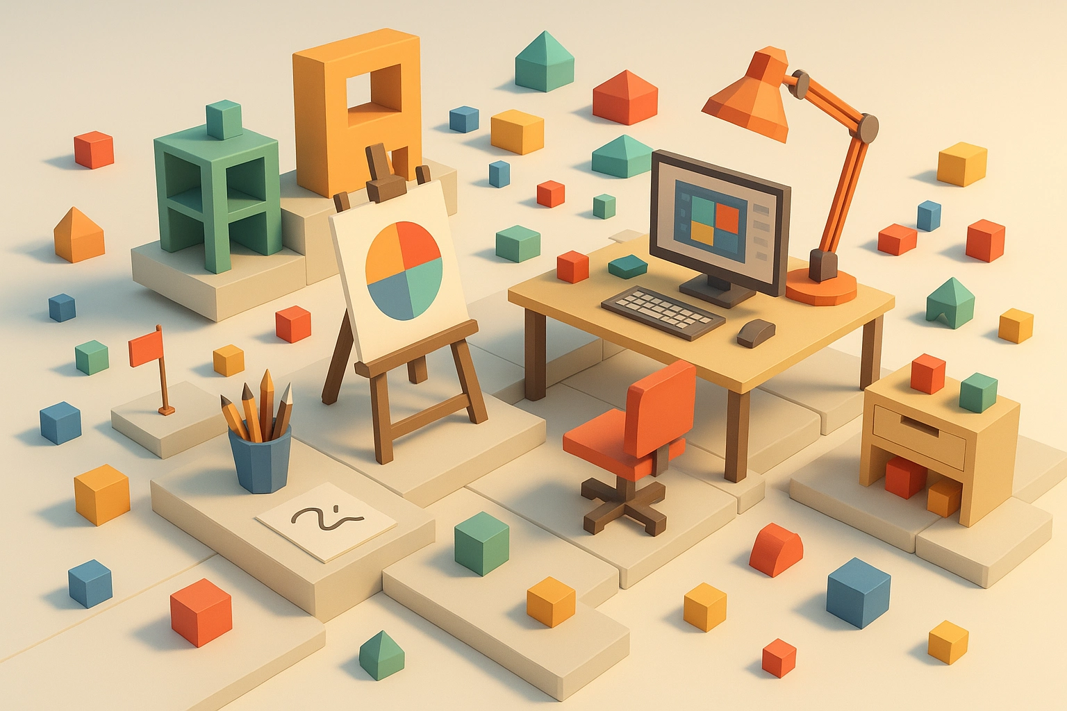 3D low-poly creative studio environment
                        with modular design components scattered across floating platforms