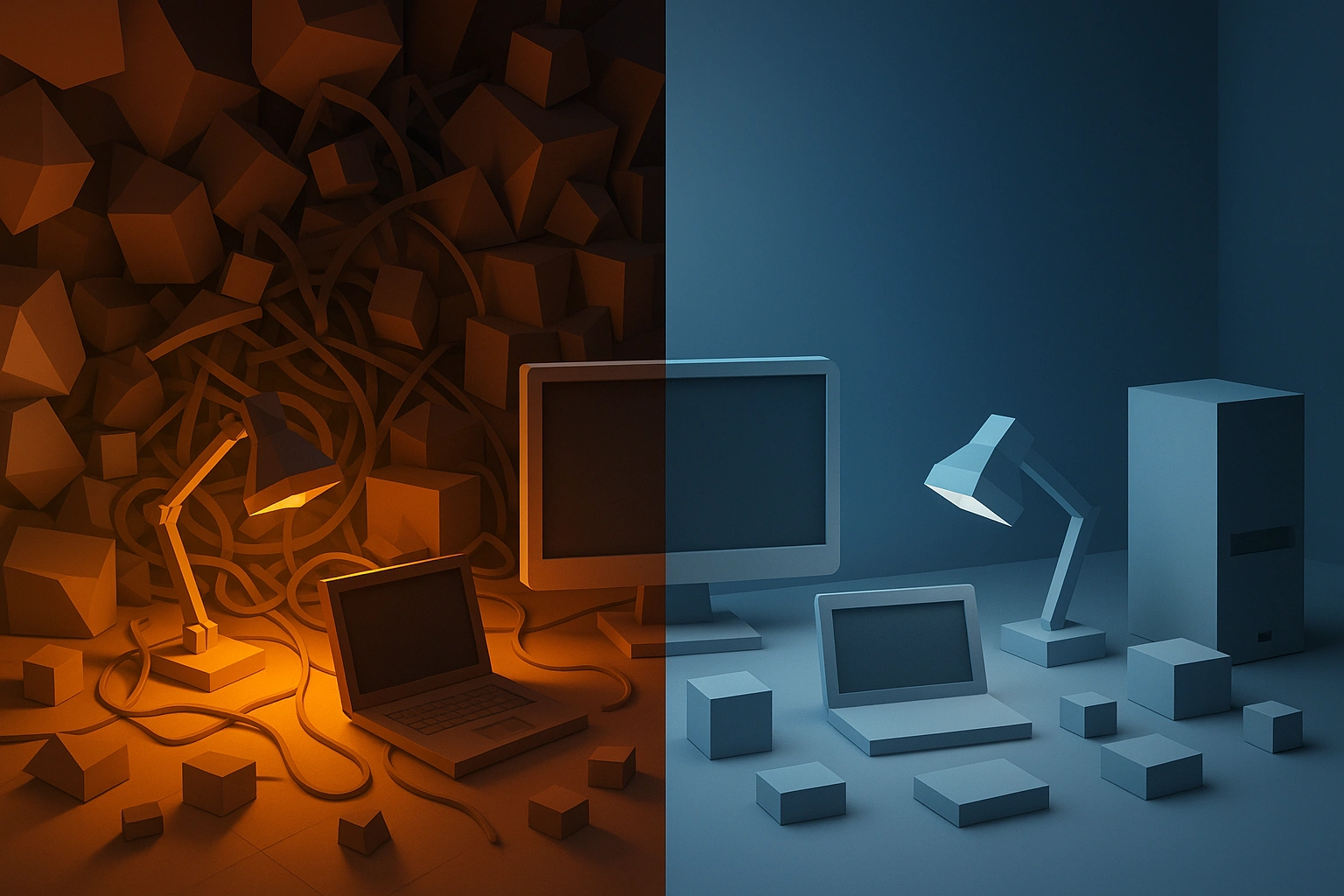 3D low-poly before and after comparison
                        scene showing cluttered complex design