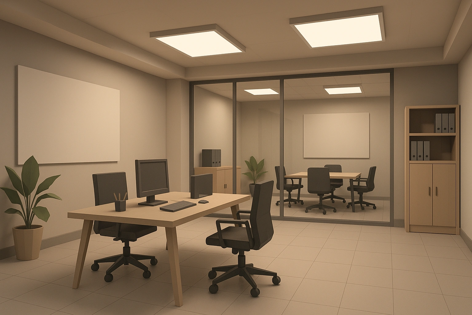 3D low-poly modern office interior with clean lines