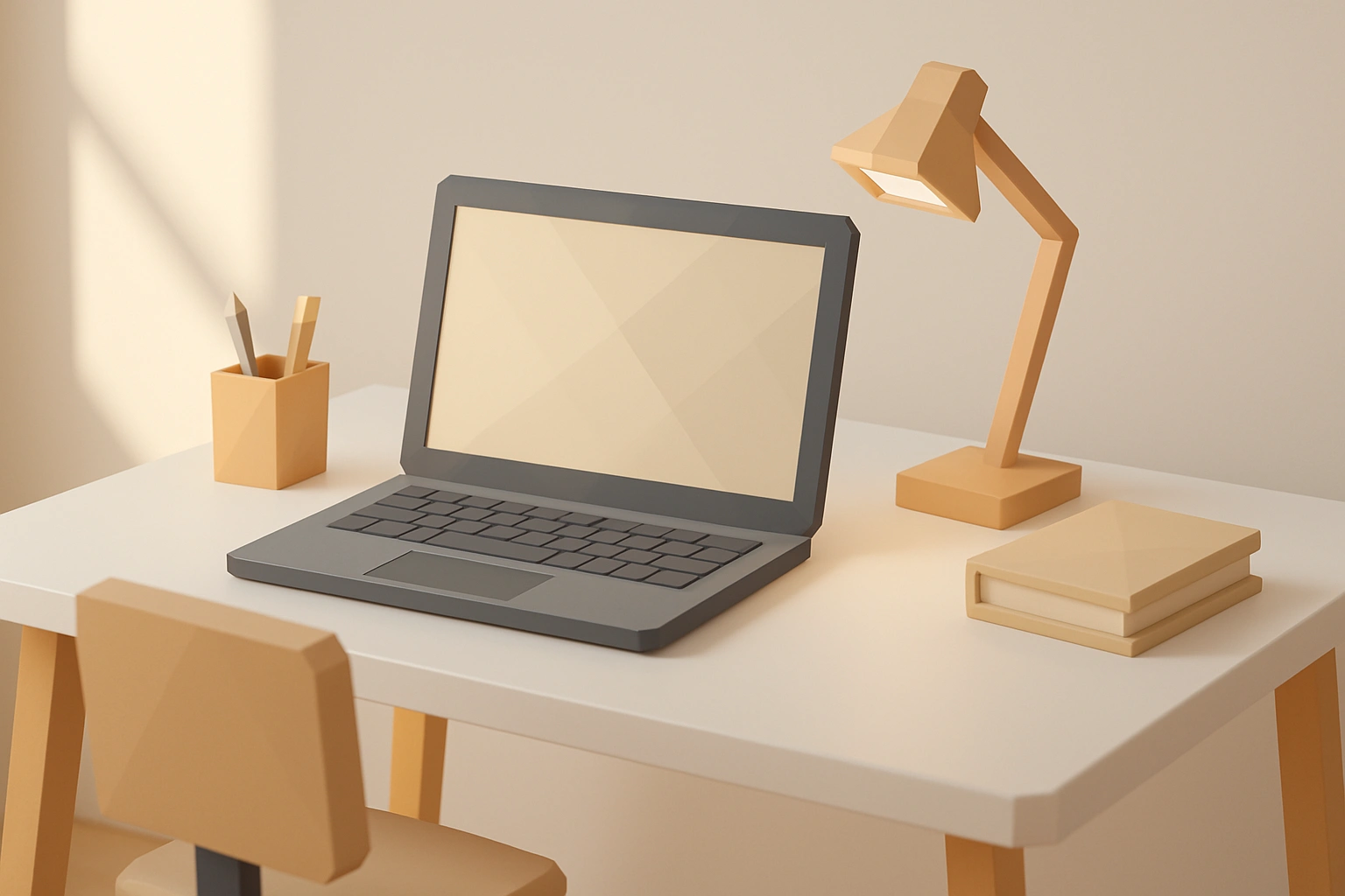 3D low-poly minimal office desk setup with
                single laptop