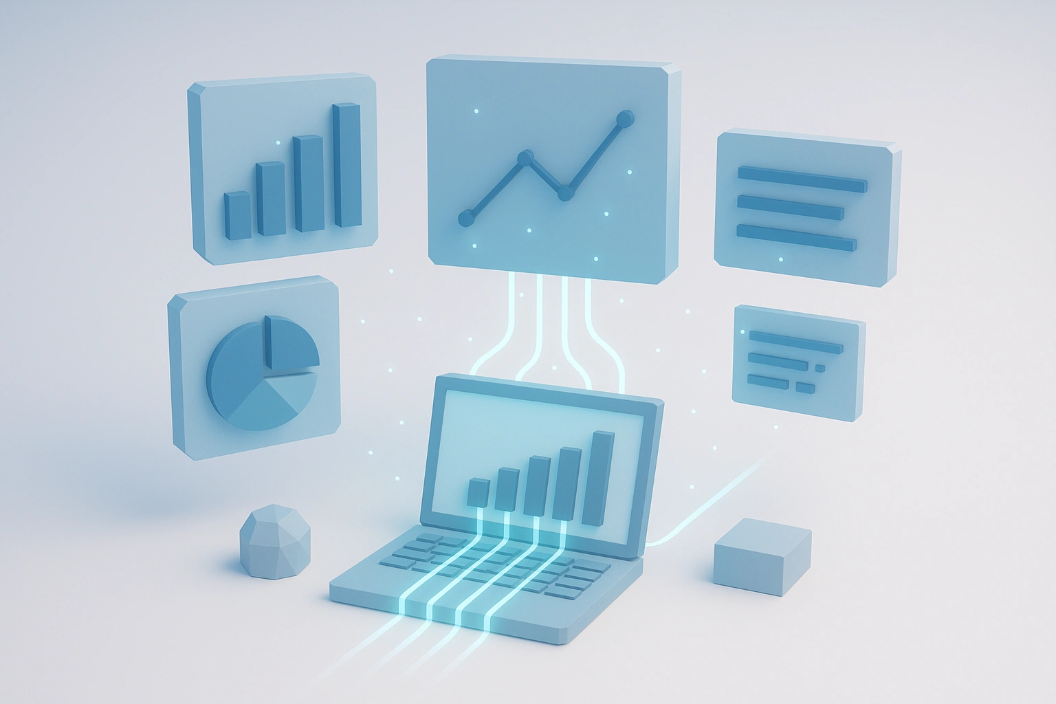 3D low-poly visualization of data analysis pipeline, floating geometric charts and graphs in soft
            blue lighting